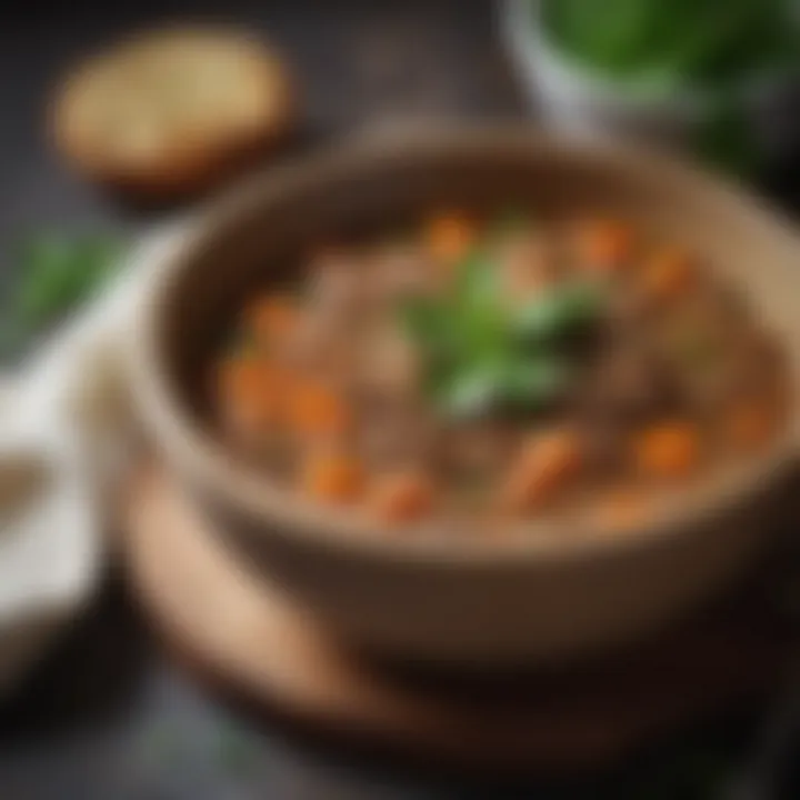 A hearty lentil stew served in a rustic bowl with herbs on top