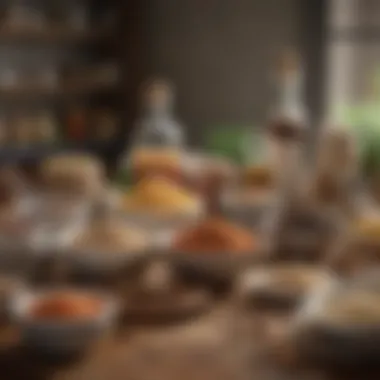Essential Pantry Ingredients for Recipe Creation An assortment of pantry staples including grains and spices.