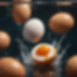 A close-up of a fresh egg submerged in clear water, demonstrating buoyancy.