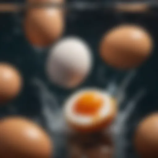A close-up of a fresh egg submerged in clear water, demonstrating buoyancy.