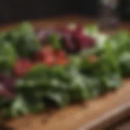 A close-up of vibrant leafy greens on a wooden table