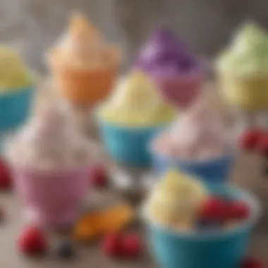 A variety of frozen yogurt flavors displayed in colorful bowls