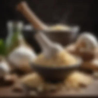 A mortar and pestle with crushed garlic