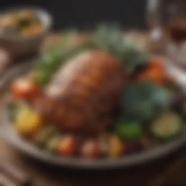 A close-up of a succulent roast with seasonal vegetables on a plate.