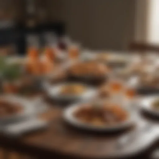 A beautifully arranged table set for a Sunday dinner, featuring a variety of dishes.