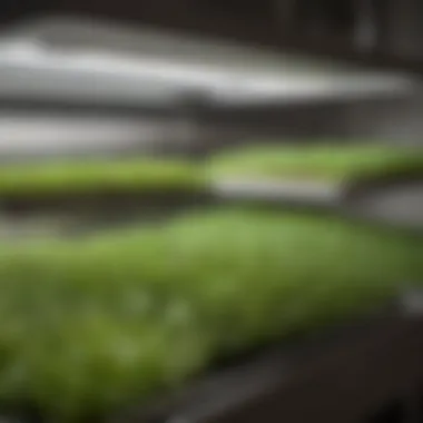 A well-organized indoor growing setup for microgreens, including trays, soil, and light sources.