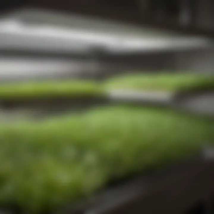 A well-organized indoor growing setup for microgreens, including trays, soil, and light sources.