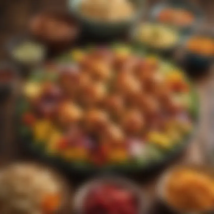 Colorful platter of Hawaiian chicken with an array of side dishes