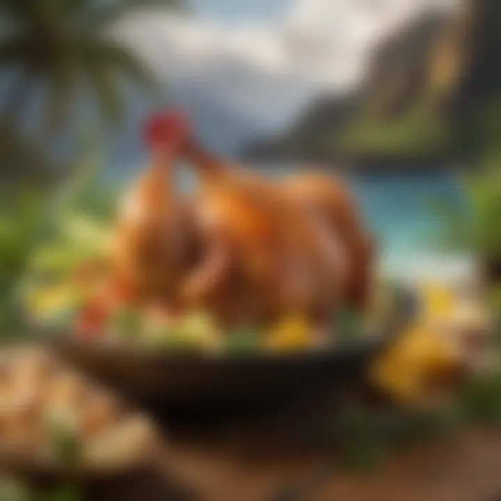 A scenic view of Hawaiian chicken dish against a tropical backdrop