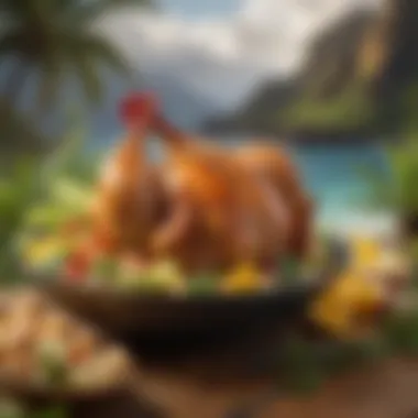 Scenic Hawaiian Chicken Presentation A scenic view of Hawaiian chicken dish against a tropical backdrop