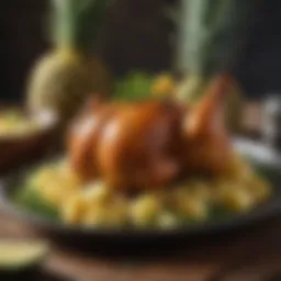 Tropical Hawaiian chicken dish garnished with fresh pineapple and herbs