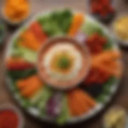 A vibrant platter of assorted vegetable crudités with a colorful dip, showcasing fresh, seasonal produce.