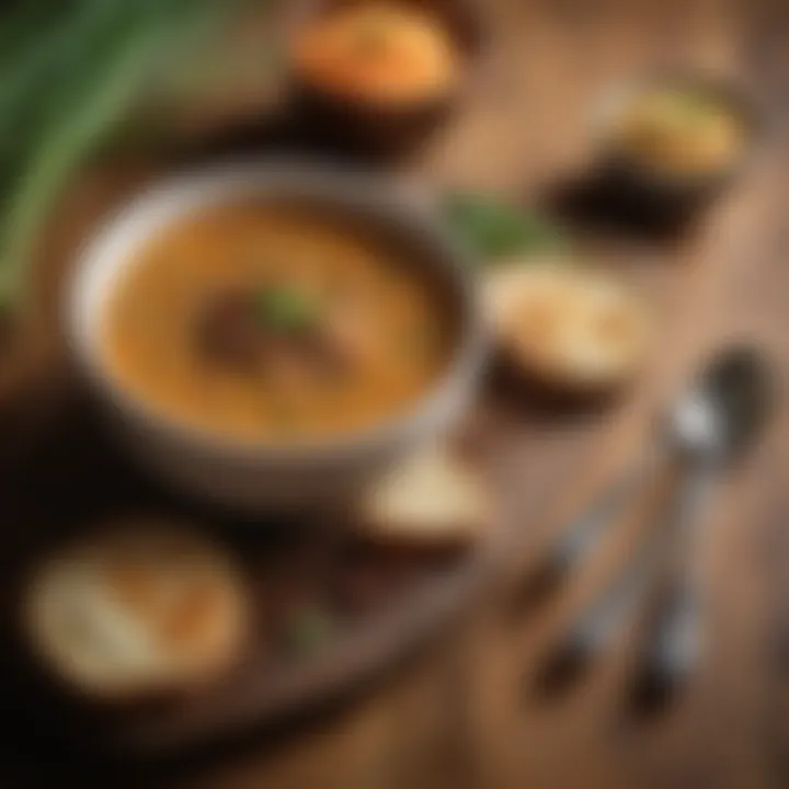 A warm bowl of lentil soup garnished with green onions and spices.