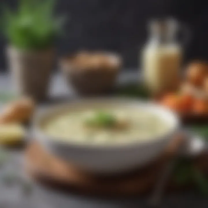 A creamy soup topped with herbs and spices