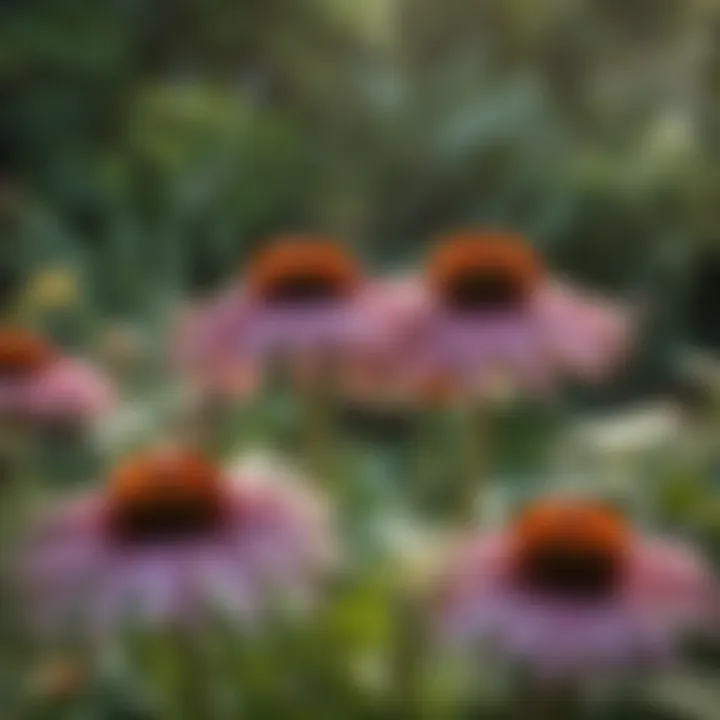 A close-up of fresh echinacea flowers in a garden