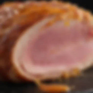 A close-up of the caramelized crust of honey baked ham