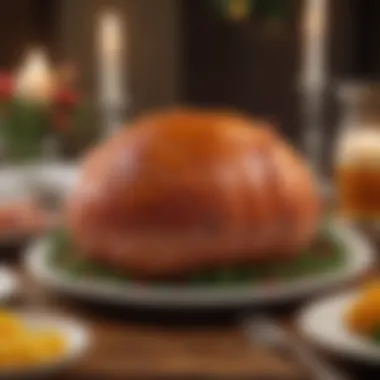 Glazed Honey Baked Ham on a Festive Table A beautifully glazed honey baked ham on a festive table