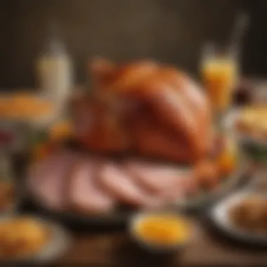 A platter of honey baked ham with side dishes