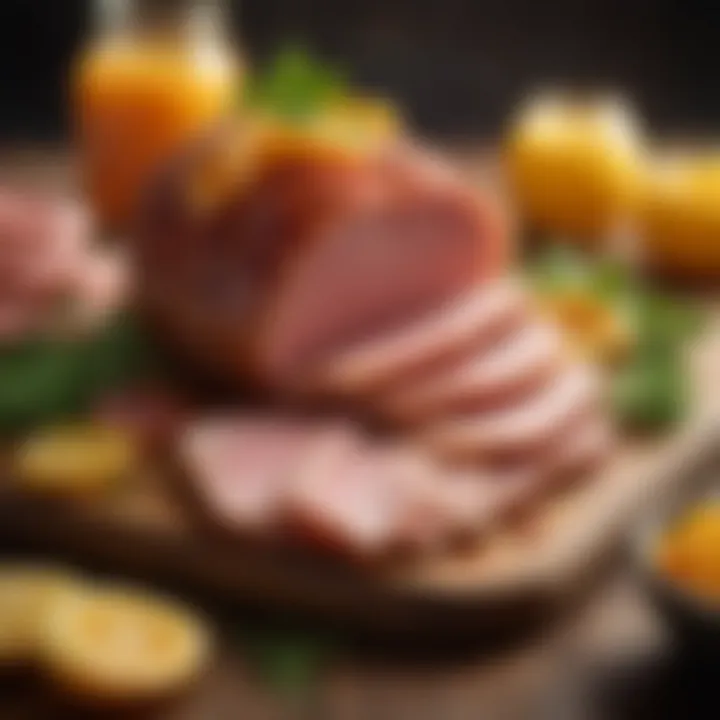 Sliced honey baked ham garnished with herbs and fruits