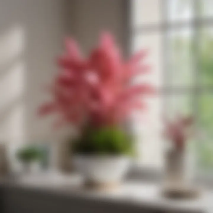 An arrangement of various houseplants with distinctive pink stems in a modern interior setting.