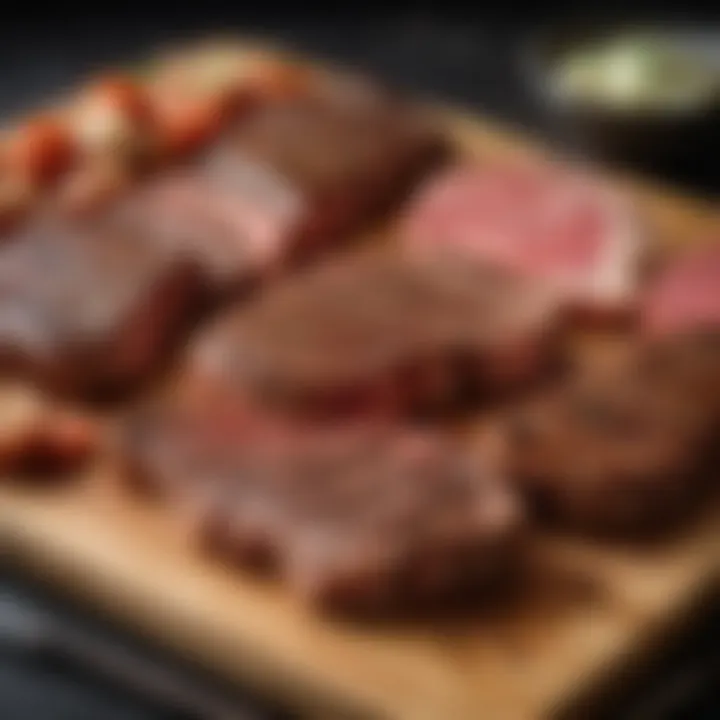 Variety of steak cuts displayed on a wooden board