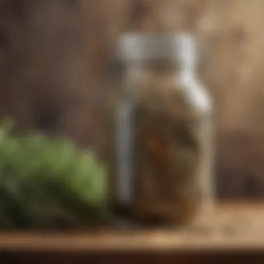 A jar filled with dried herbs against a rustic background