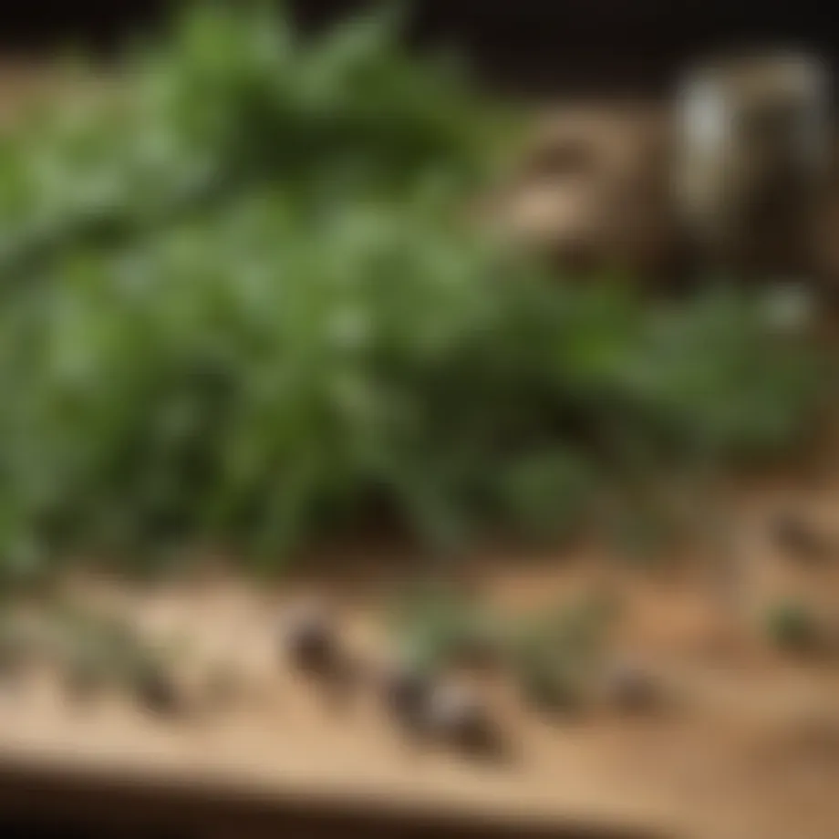 An assortment of freshly harvested herbs displayed on a wooden surface