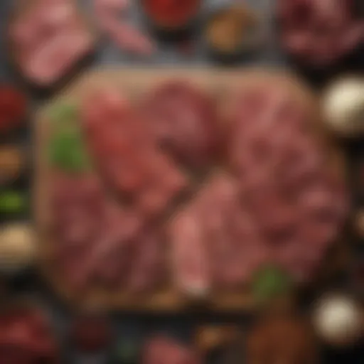 An array of assorted meats ready for jerky preparation