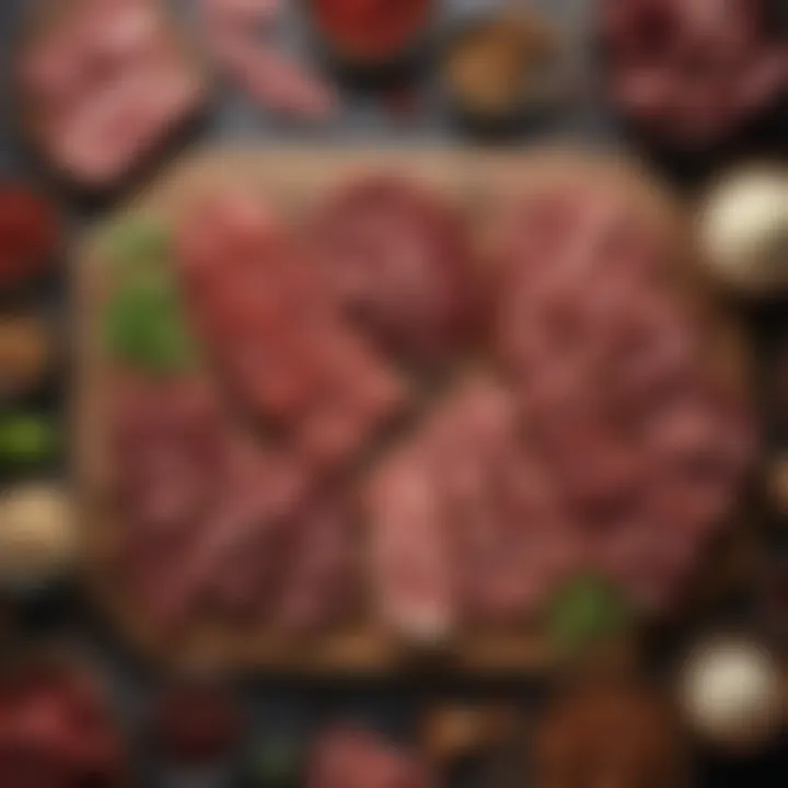 An array of assorted meats ready for jerky preparation