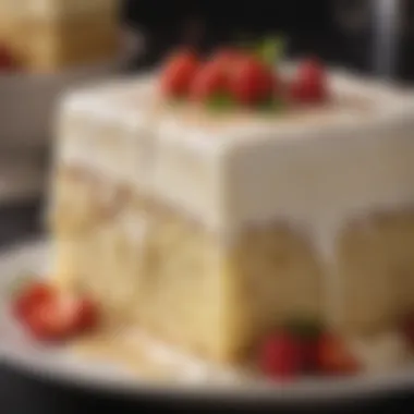 A close-up of the moist texture of tres leches cake