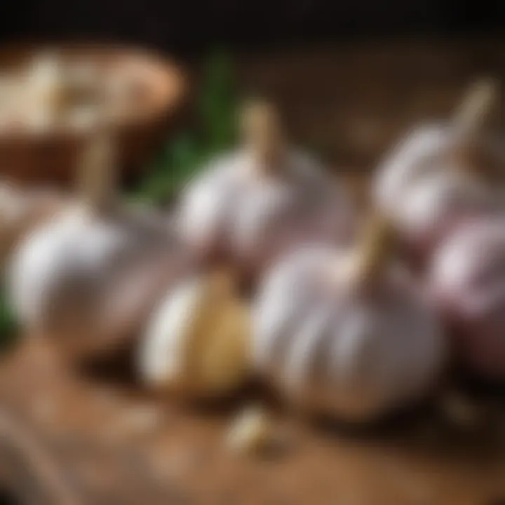 Fresh garlic bulbs displayed on a rustic wooden table