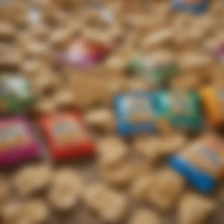 An array of different brands of oyster cracker packets lined up.