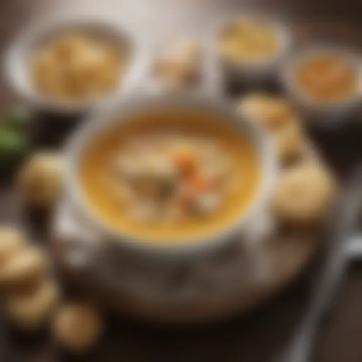 An elegant bowl of soup garnished with oyster crackers.