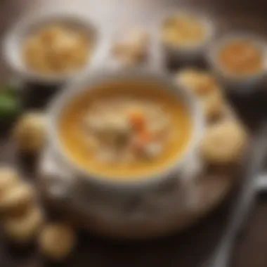 Garnished Soup with Oyster Crackers An elegant bowl of soup garnished with oyster crackers.