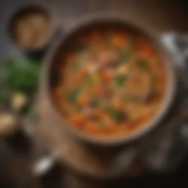 A hearty soup filled with legumes and vegetables, served in a rustic bowl