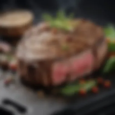 Perfectly Seared Steak Sizzling steak seasoned with herbs on a Cuisinart pellet grill.