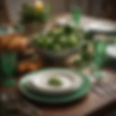 A vibrant table setting adorned with green decorations and Irish-themed tableware for Saint Patrick's Day.