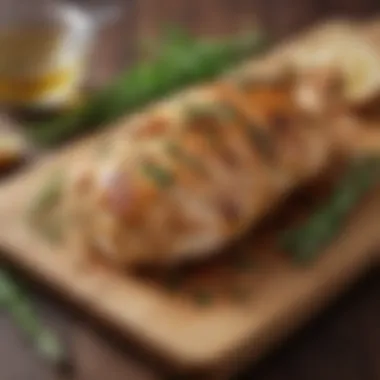 Herb-infused chicken breast on a wooden cutting board