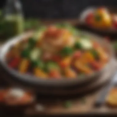 Gourmet Vegan Dish with Seasonal Vegetables A gourmet vegan dish featuring a colorful arrangement of seasonal vegetables.