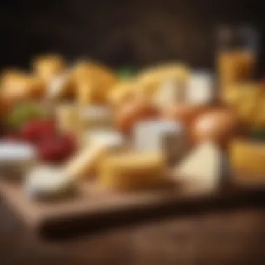 Variety of cheeses including American cheese on a wooden board