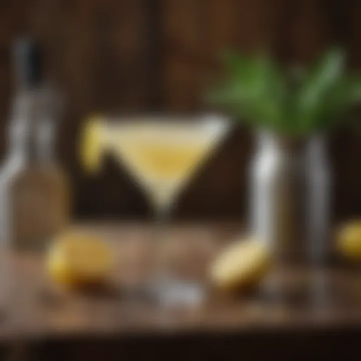 Ingredients for Kettle One Lemon Drop Martini displayed on a rustic table