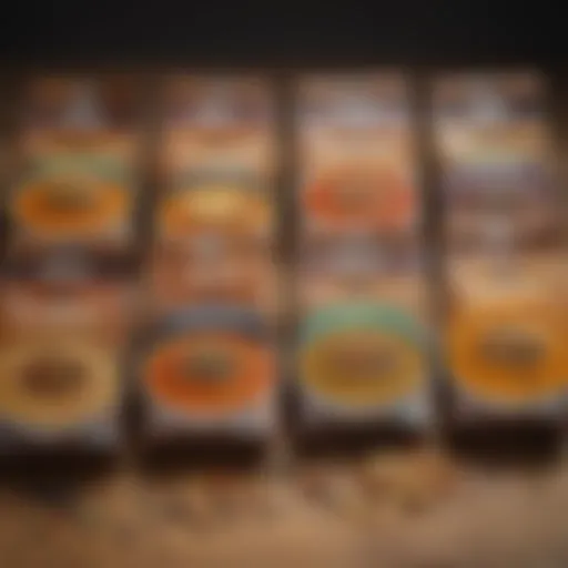 A colorful assortment of lentil soup mix packages arranged on a wooden surface