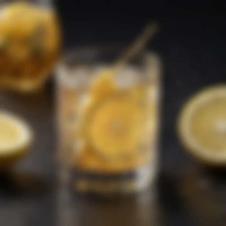 A close-up of scotch and soda garnished with a lemon twist