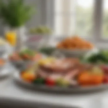 Sophisticated Low-Calorie Dinner Presentation An elegant arrangement of a low-calorie dinner featuring lean proteins and vegetables