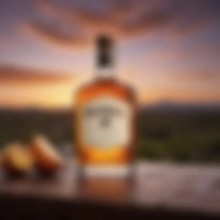 A serene sunset backdrop showcasing a bottle of Añejo tequila