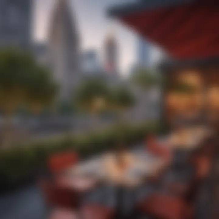 Vibrant outdoor seating area with city skyline
