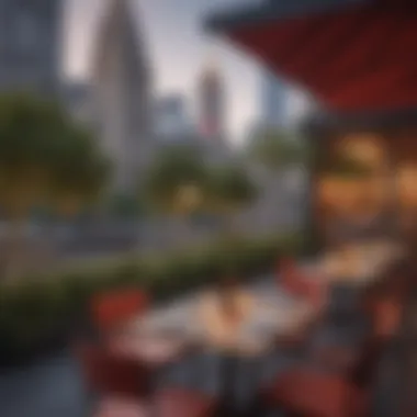 Charming Al Fresco Dining with a View Vibrant outdoor seating area with city skyline