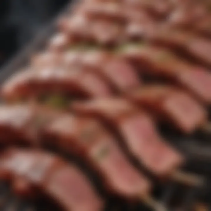 Close-up of marinated meats on a vertical spit, highlighting flavor infusion.