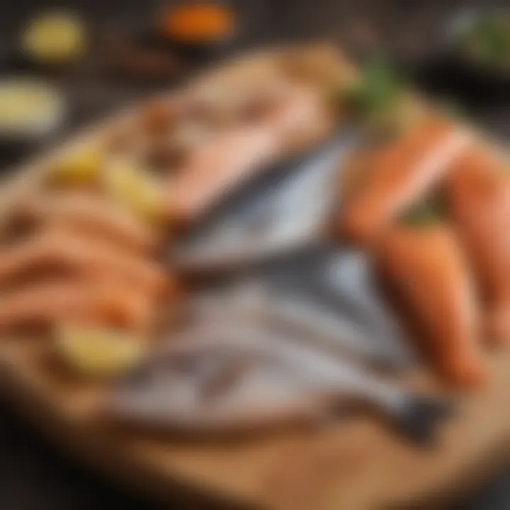 Selection of fresh fish varieties on a wooden board