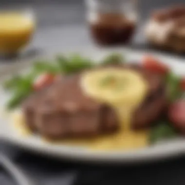 Béarnaise Sauce Over Grilled Steak An elegant plate featuring a drizzle of Béarnaise sauce over grilled steak, demonstrating its rich texture.